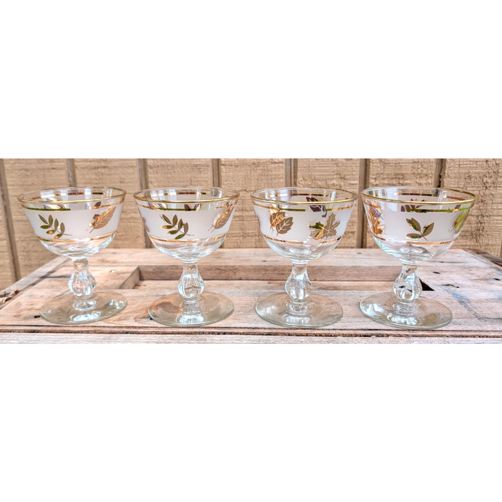 Libbey Golden Foliage Champagne Glasses Set of 4 Tall Sherbet Gold Trim Vintage
